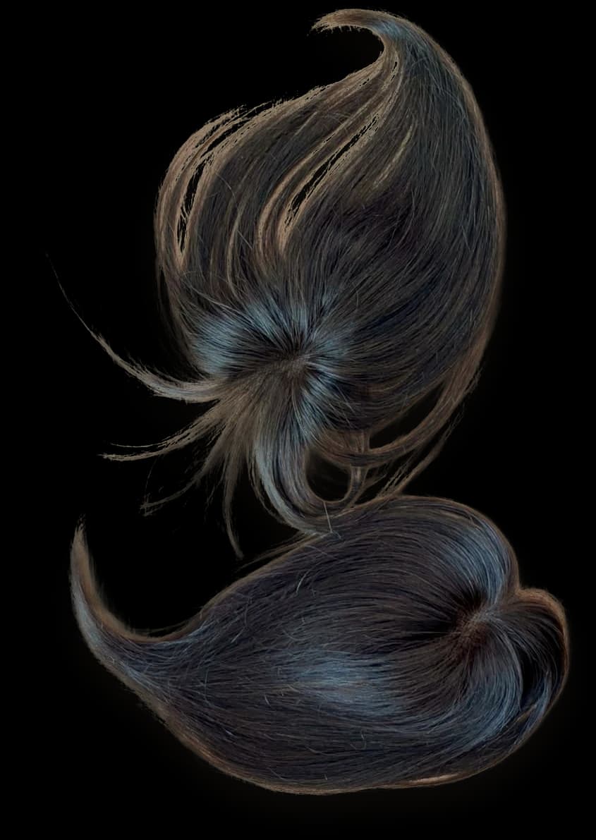 Dua hair topper BYLIAN berwarna gelap dengan rambut lurus panjang